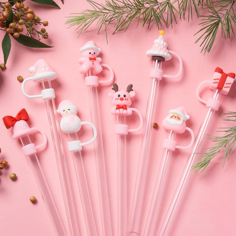 YuJoyC 8Pcs Silicone Christmas Straw Covers Cap for Stanley Cup 30&40 Oz Cup, Reusable Straw Toppers for Stanley Cup Accessories Tumbler with Handle for Water Bottle - Image 5